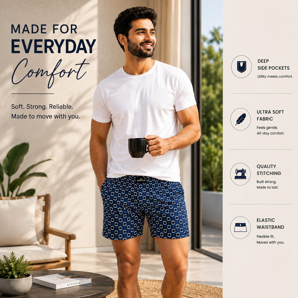 Blue White Black Circle Printed Cotton Boxer For Men
