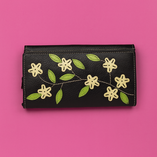 Leather Black Cream Flower Women Wallet