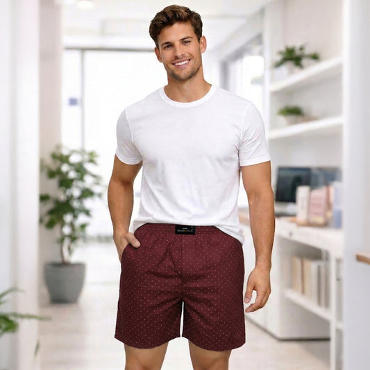 Maroon White Dotted Printed Cotton Boxer For Men