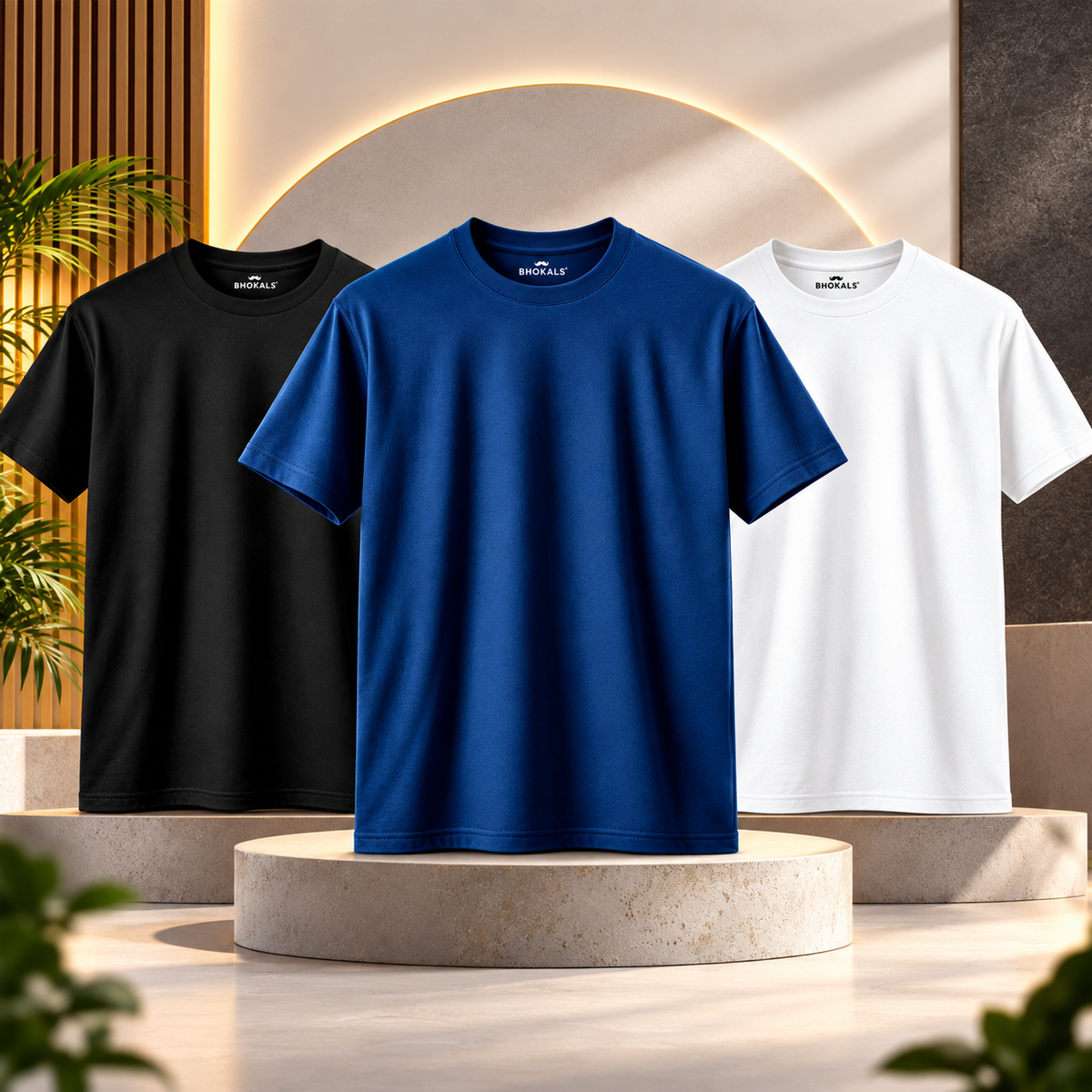 Bhokals Round Neck - White, Black, & Blue Regular T-Shirts - Pack of 3