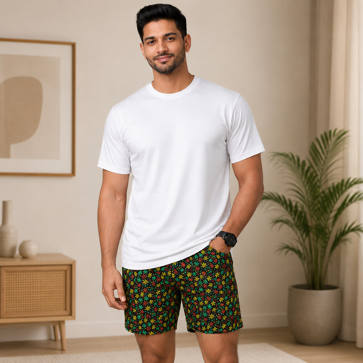 Bhokals Men’s Combo Pack – Plain Cotton White T-Shirt & Black Flower Printed Cotton Boxer | Comfortable Casual Wear Set