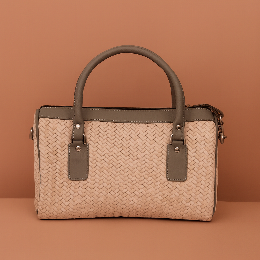 Leather Cream Grey Strip Weave Women Hand Bag