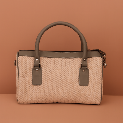 Leather Cream Grey Strip Weave Women Hand Bag