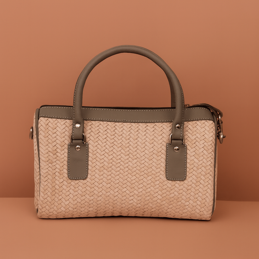 Leather Cream Grey Strip Weave Women Hand Bag