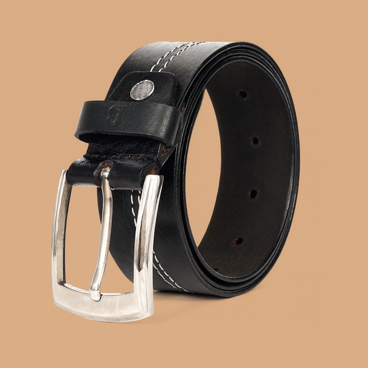 Men Black Middle Thread Leather Belt