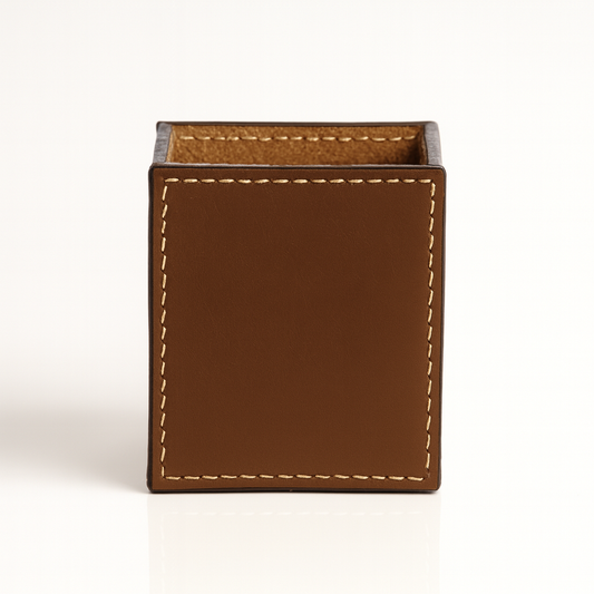 Leather Solid Brown Square Pen Holder