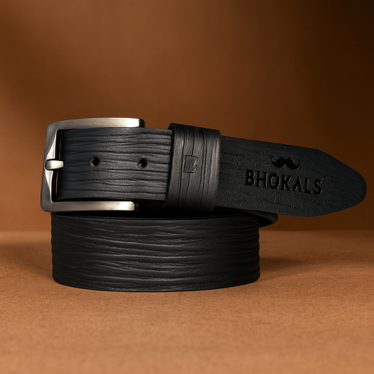 Bhokals Men Black  Wood Texture Leather Belt
