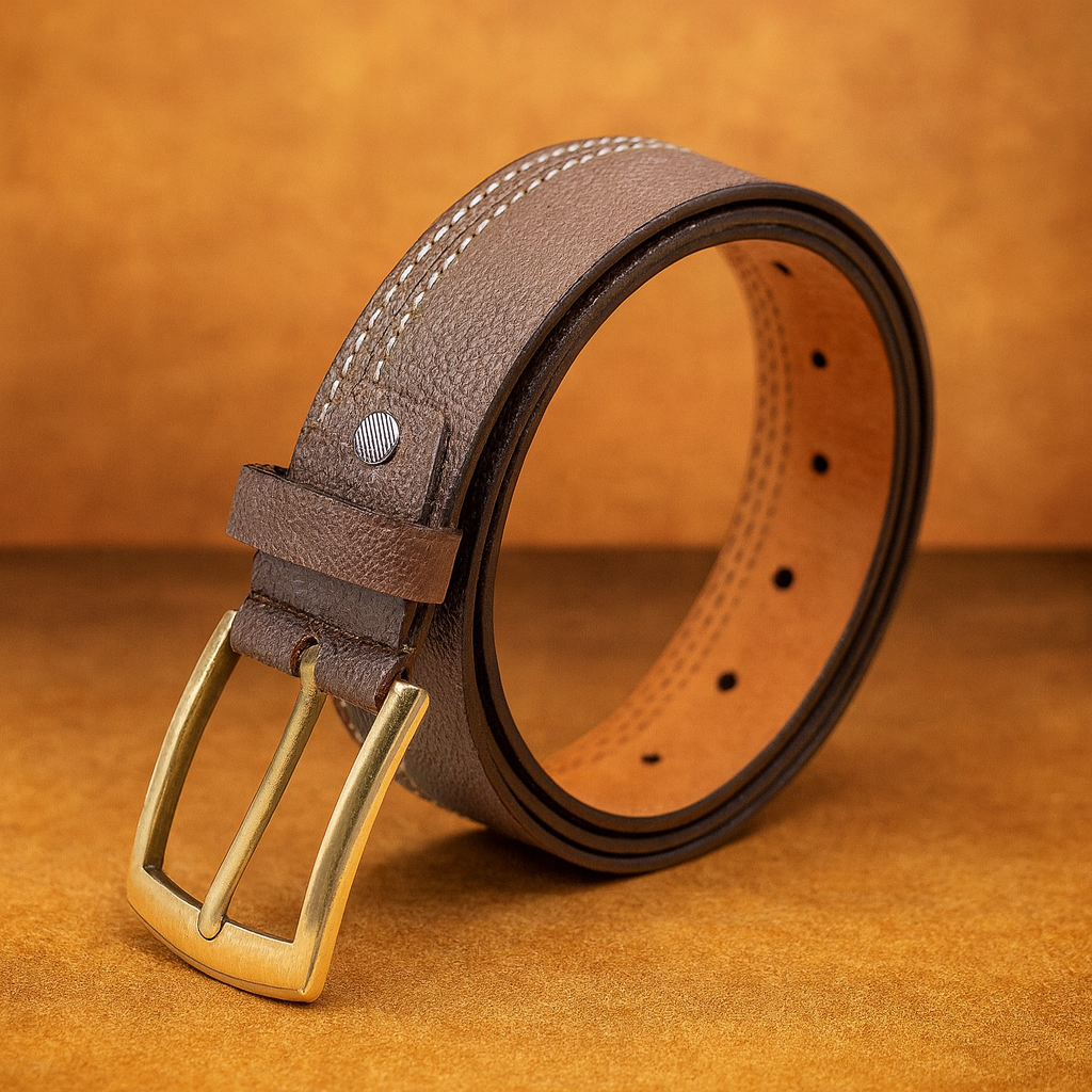 Men Brown Side Thread Leather  Belt