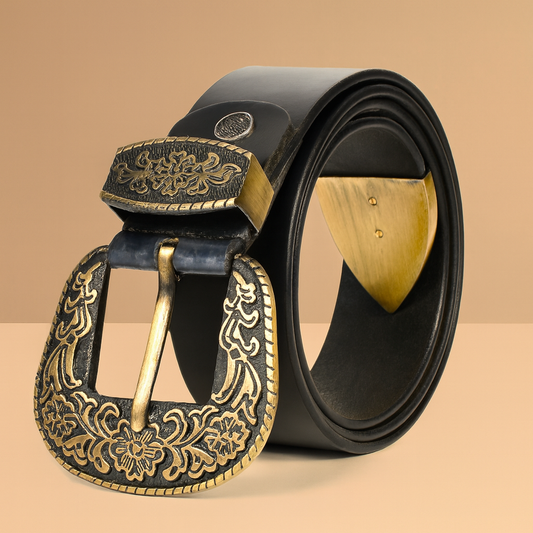 Maharaja Men Golden Buckle Black Leather Belt