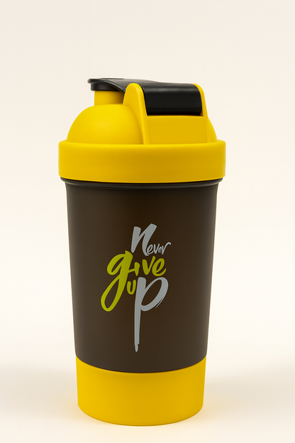 Never Give Up Printed Yellow Black Gym Shaker