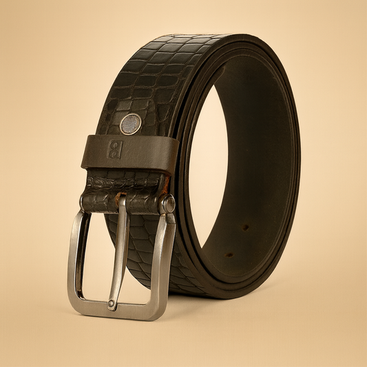 Bhokals Men Black Crocs Texture Leather Belt