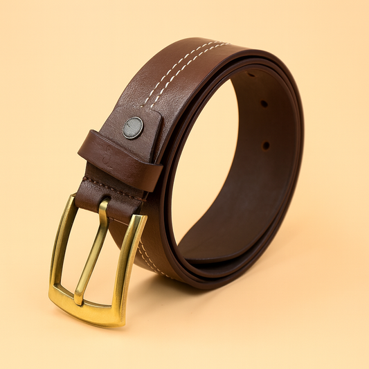 Men Brown Middle Thread Leather  Belt