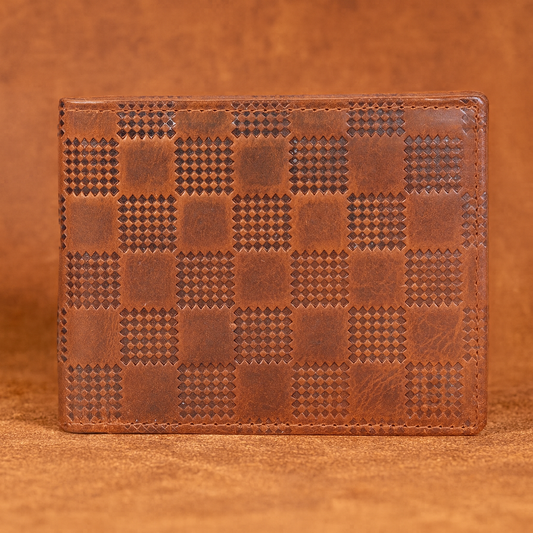 BHOKALS Genuine Leather Bifold Wallet, Brown, Checkered Pattern Design, Multiple Card Slots, Vintage Style, Classic Men's Accessory