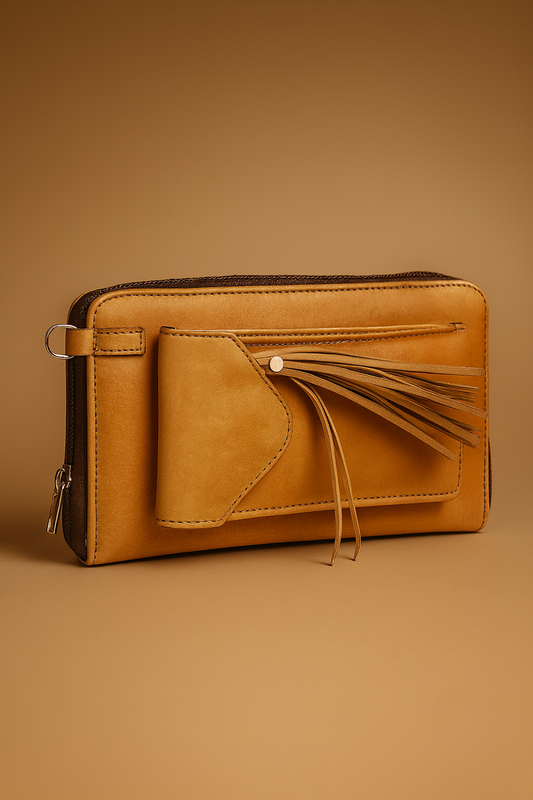 Leather Solid Tan Cross Tussel Women Wallet