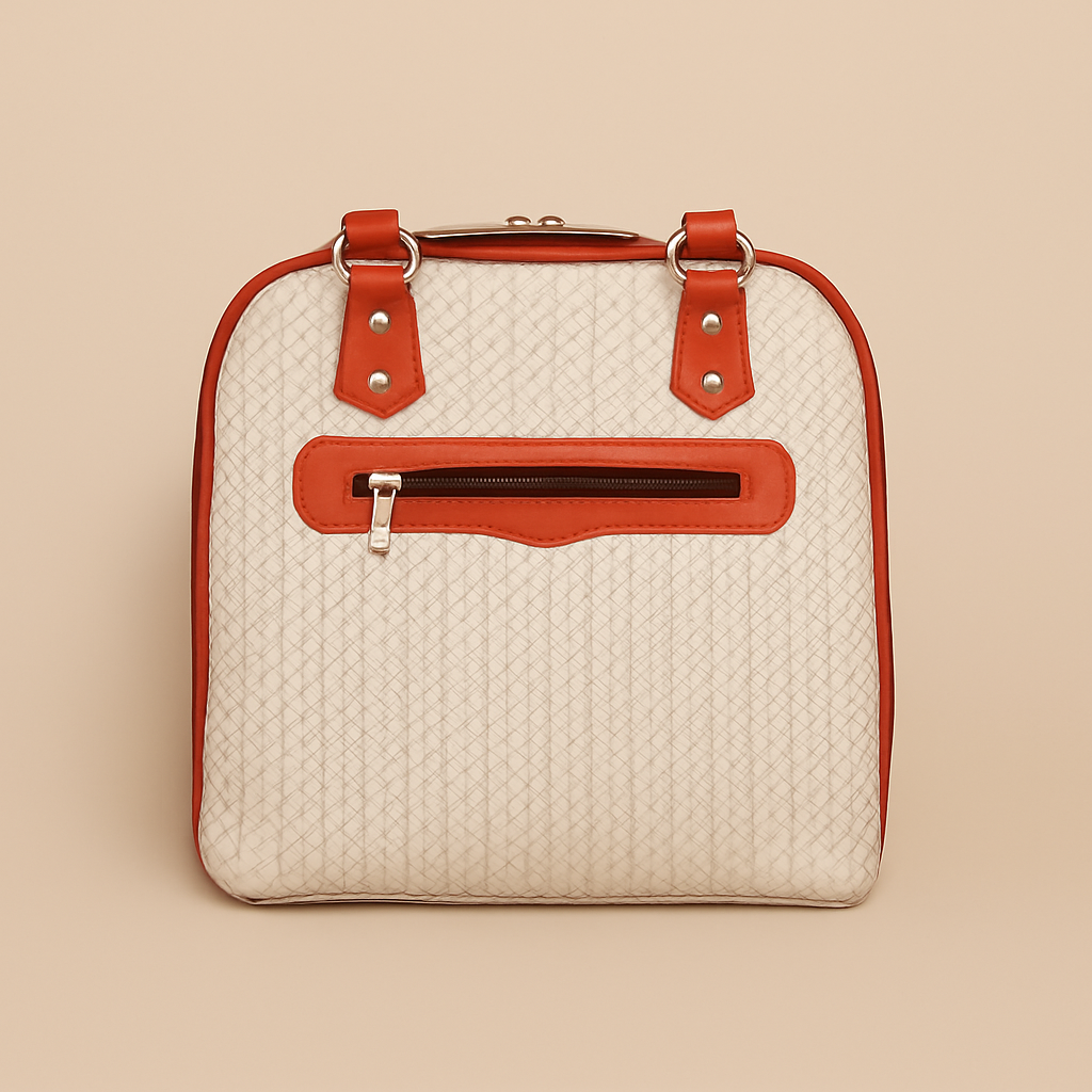 Leather White Red Strip Weave Women Hand Bag