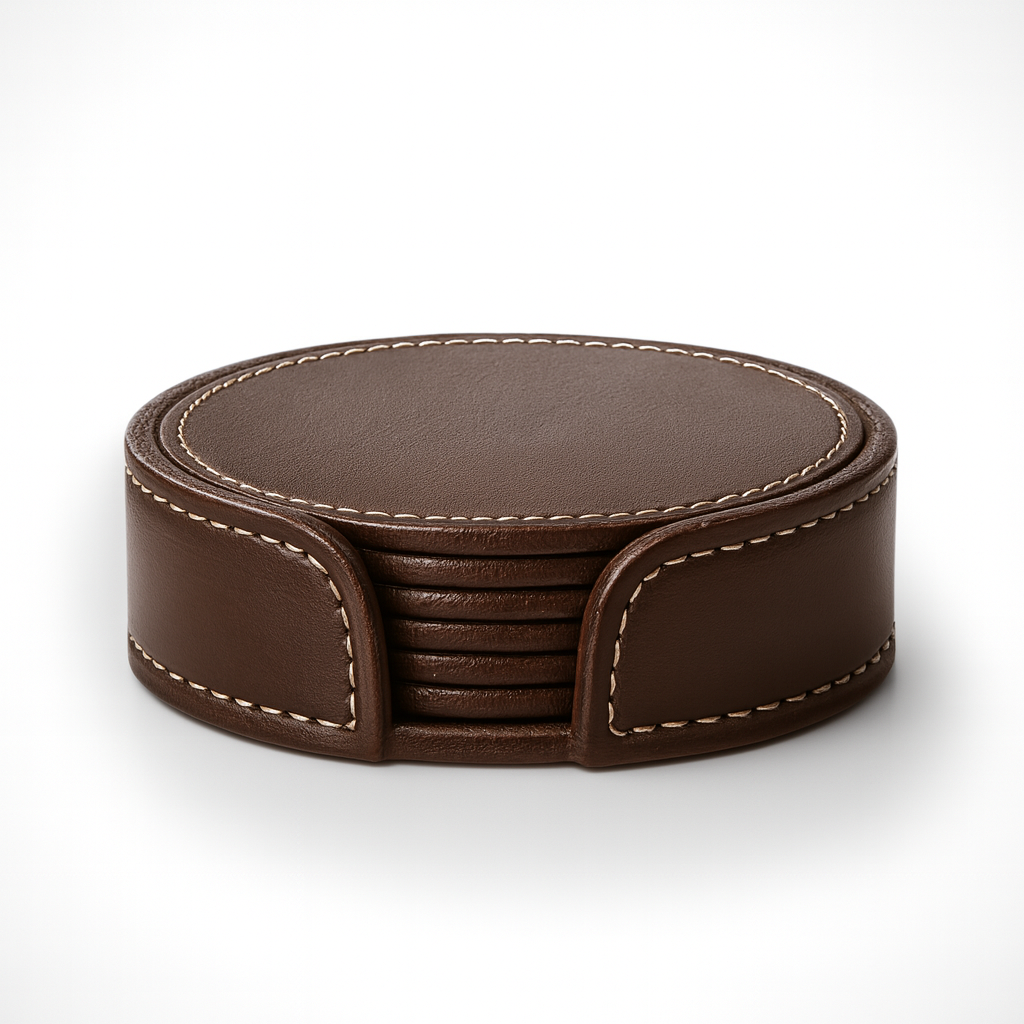 Leather Brown Round Tea Coaster
