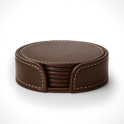 Leather Brown Round Tea Coaster