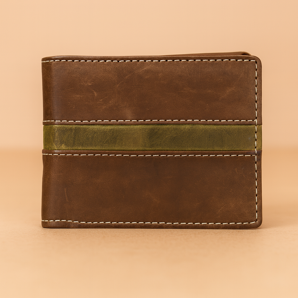 Leather Brown Green Strip Men Wallet