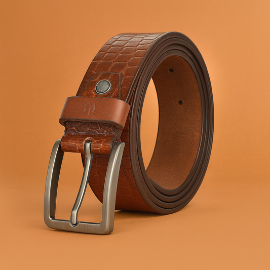 Bhokals Men Tan Brown Crocs Texture Leather Belt