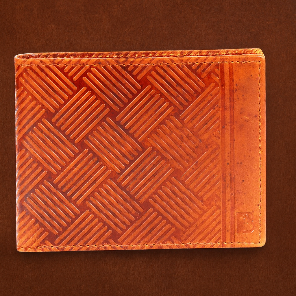 Premium Leather Bifold Wallet, Tan Brown, Geometric Embossed Pattern, Multiple Card Slots, Slim Design