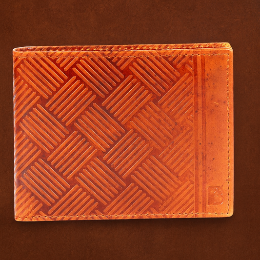 Premium Leather Bifold Wallet, Tan Brown, Geometric Embossed Pattern, Multiple Card Slots, Slim Design