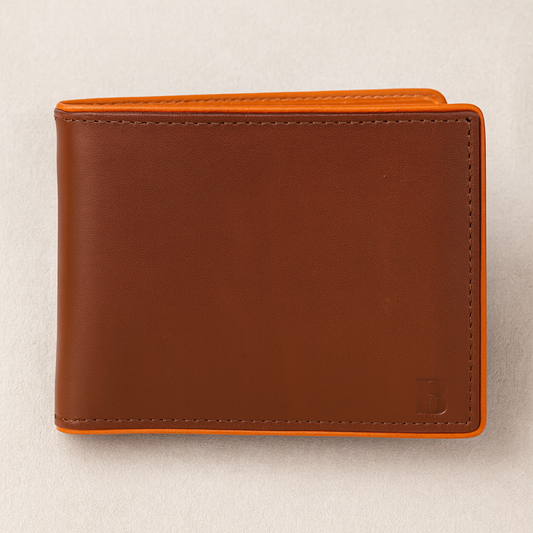 Leather Bifold Wallet, Brown with Orange Interior, Multiple Card Slots, ID Window, Classic Design