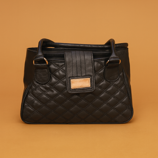 Leather Black Check Women Hand Bag