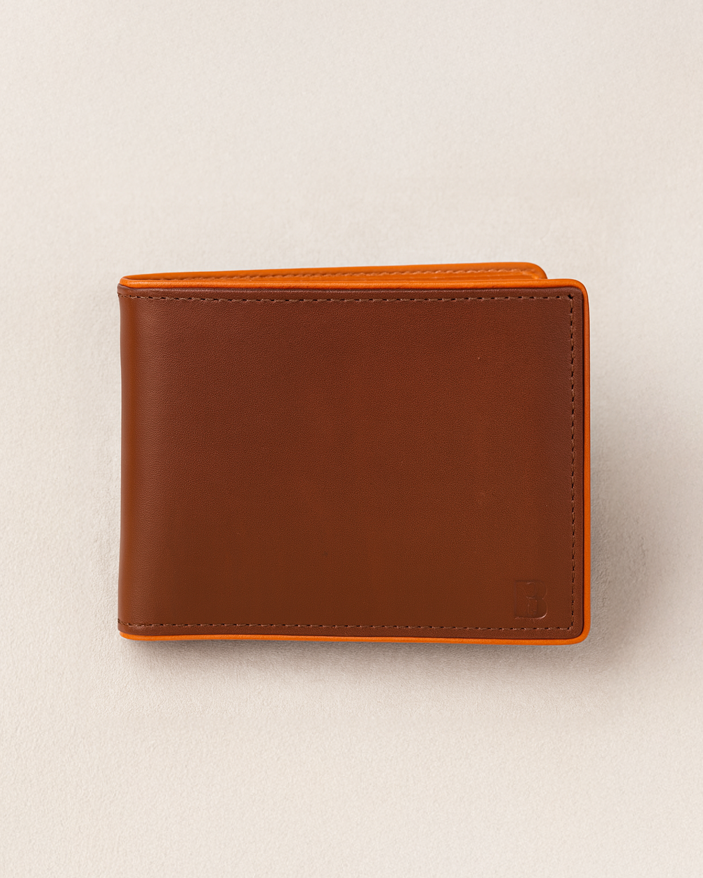 Leather Bifold Wallet, Brown with Orange Interior, Multiple Card Slots, ID Window, Classic Design