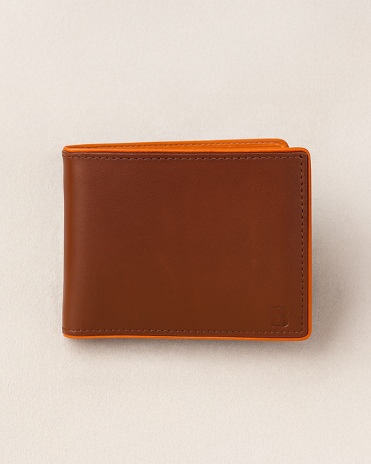 Leather Bifold Wallet, Brown with Orange Interior, Multiple Card Slots, ID Window, Classic Design