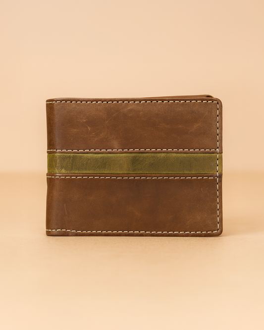 Leather Brown Green Strip Men Wallet