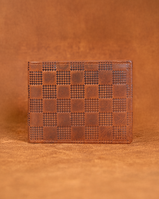 BHOKALS Genuine Leather Bifold Wallet, Brown, Checkered Pattern Design, Multiple Card Slots, Vintage Style, Classic Men's Accessory