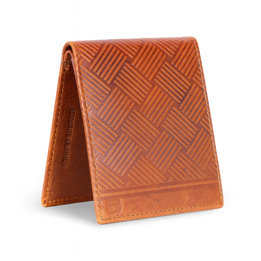 Premium Leather Bifold Wallet, Tan Brown, Geometric Embossed Pattern, Multiple Card Slots, Slim Design