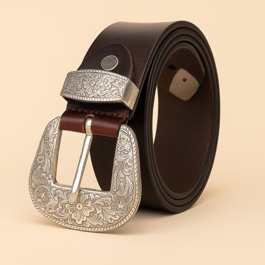 Bhokals Maharaja Men  Silver Buckle  Brown Leather Belt