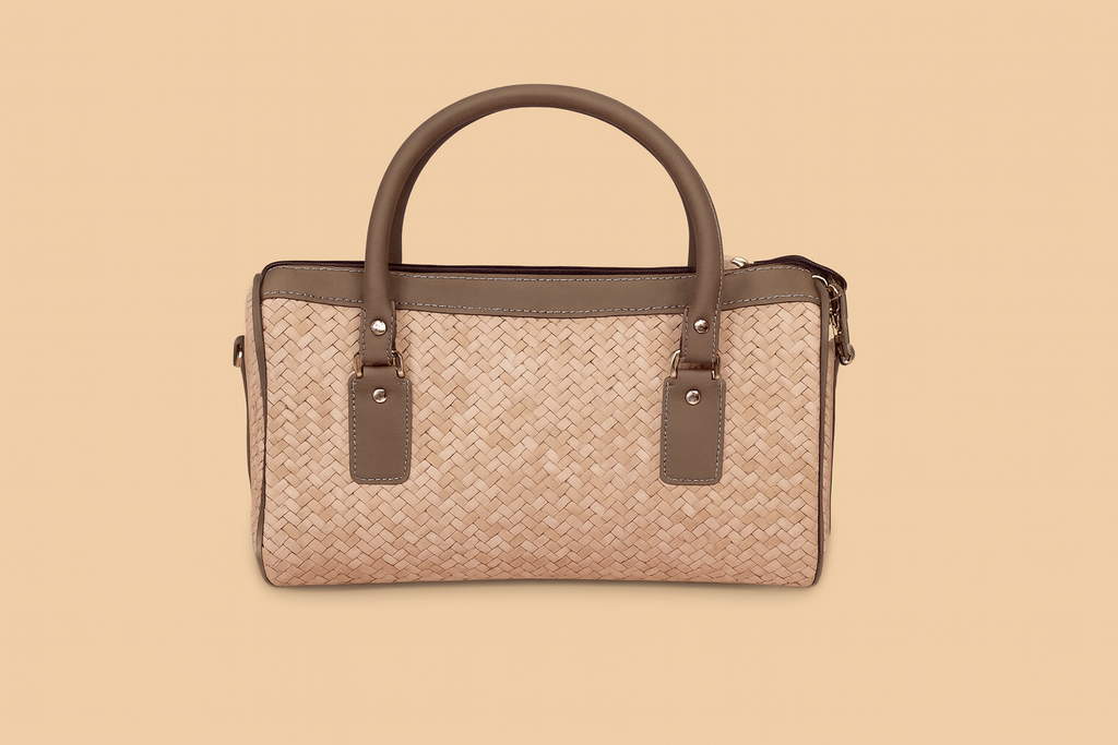 Leather Cream Grey Strip Weave Women Hand Bag