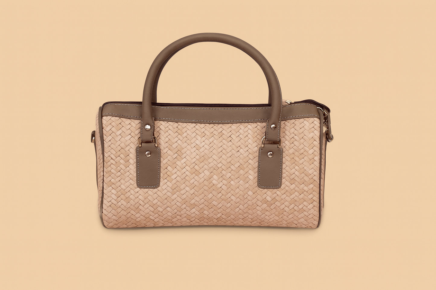 Leather Cream Grey Strip Weave Women Hand Bag