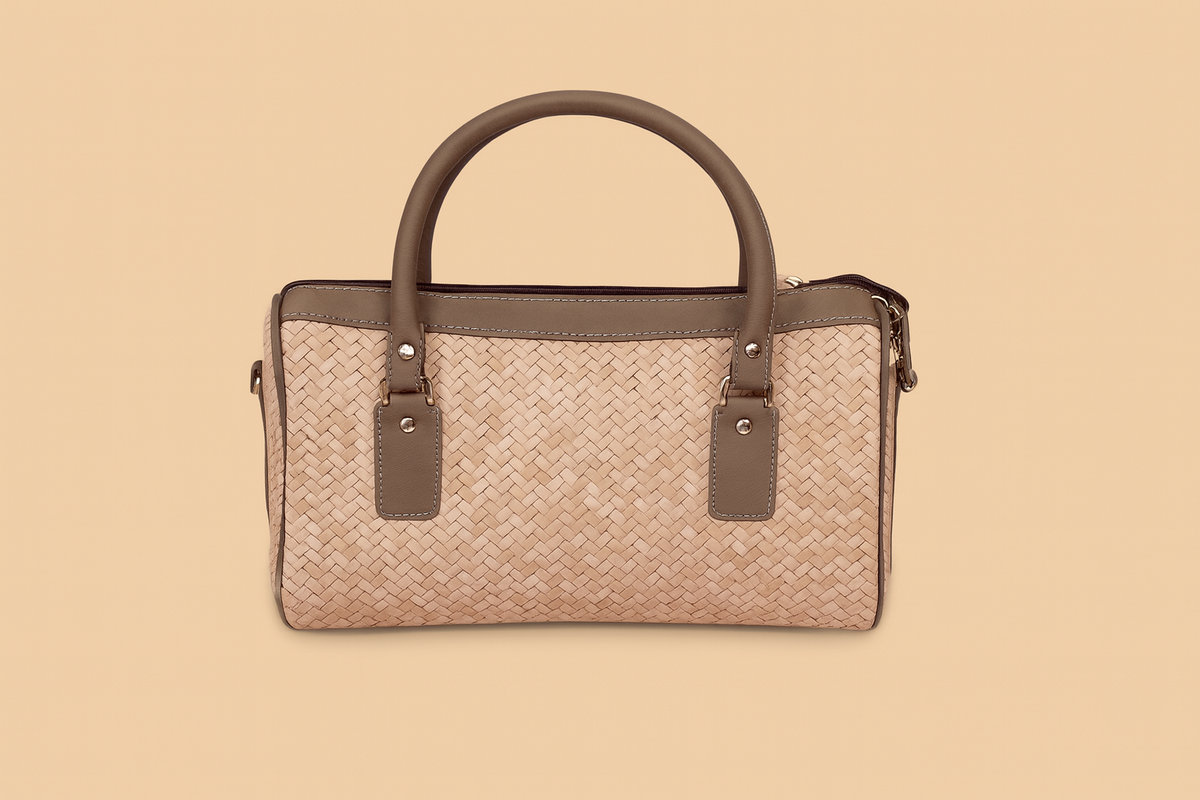 Leather Cream Grey Strip Weave Women Hand Bag