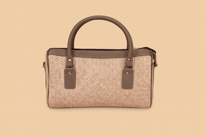 Leather Cream Grey Strip Weave Women Hand Bag