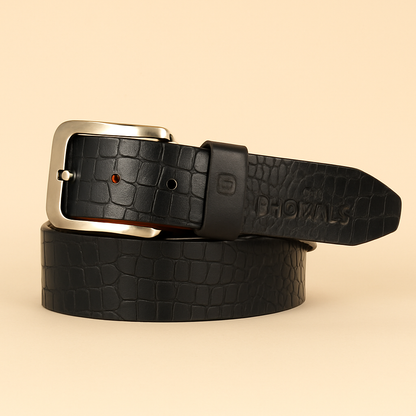Bhokals Men Black Crocs Texture Leather Belt