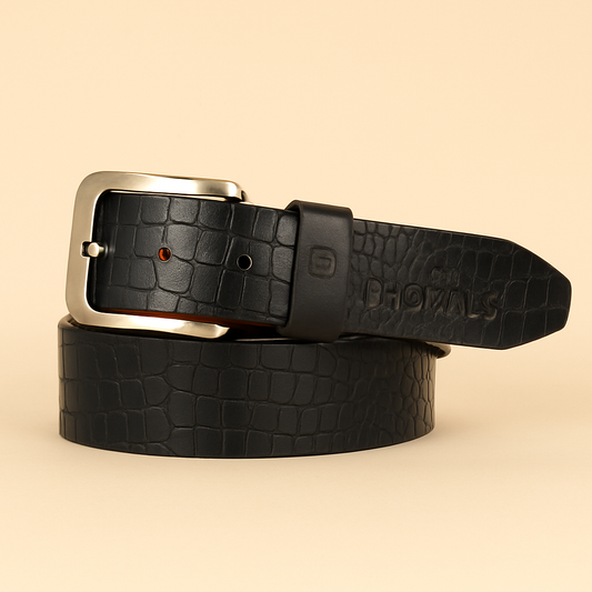 Bhokals Men Black Crocs Texture Leather Belt