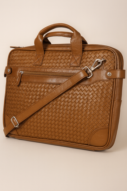 Bhokals Leather Tan Weave Laptop Bag