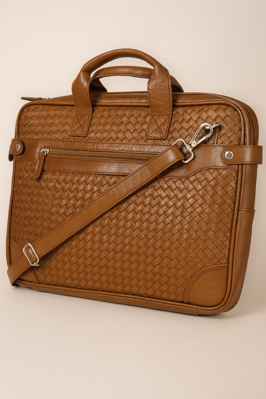 Bhokals Leather Tan Weave Laptop Bag