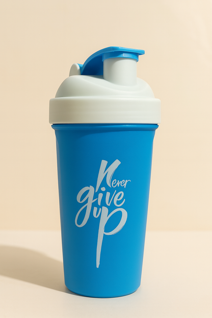 Never Give Up Printed White Blue Gym Shaker