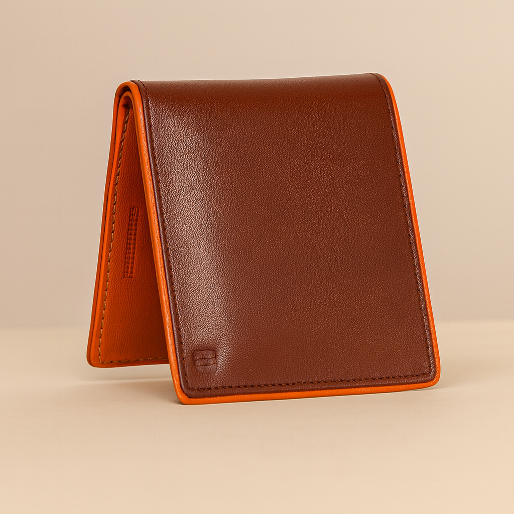 Leather Bifold Wallet, Brown with Orange Interior, Multiple Card Slots, ID Window, Classic Design