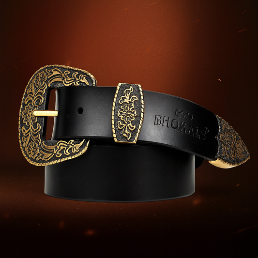 Maharaja Men Golden Buckle Black Leather Belt