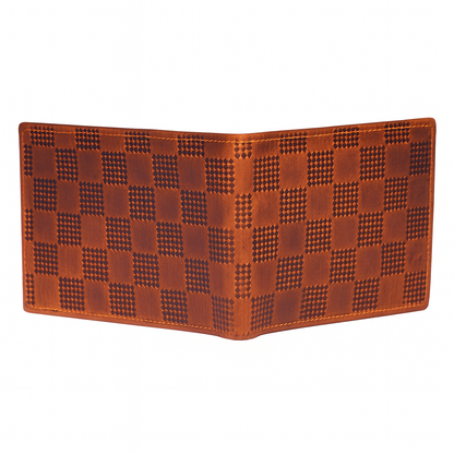 BHOKALS Genuine Leather Bifold Wallet, Brown, Checkered Pattern Design, Multiple Card Slots, Vintage Style, Classic Men's Accessory