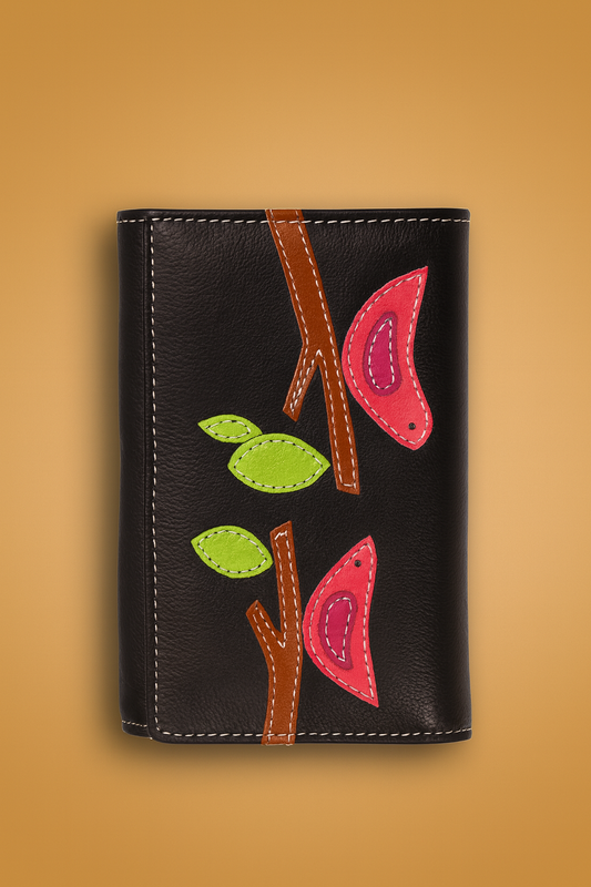 Leather Solid Black Red Bird Women Wallet