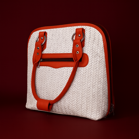 Leather White Red Strip Weave Women Hand Bag