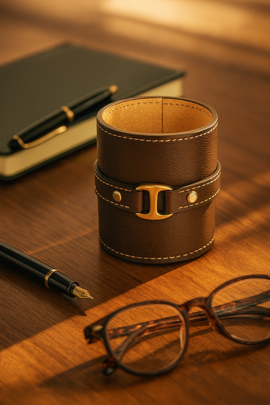 Leather Brown Round Buckle Pen Holder