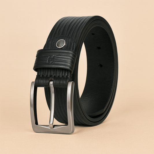 Bhokals Men Black  Wood Texture Leather Belt