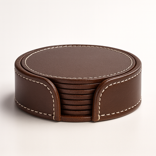 Leather Brown Round Tea Coaster